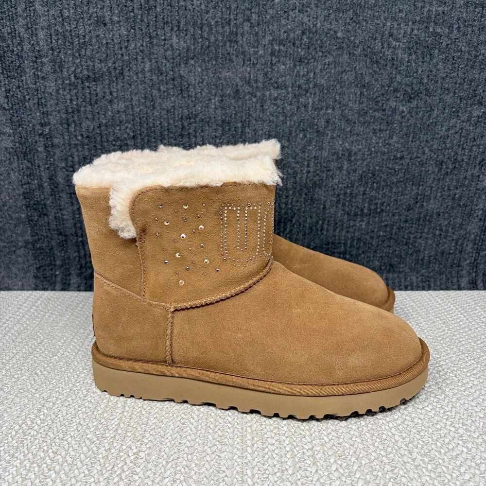 UGG Classic Gem Mini Bling Boots Chestnut Brown Suede Booties Women’s Size 7